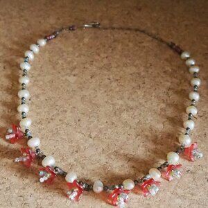 Handmade Beaded Flower Necklace in White and Pinkish Red